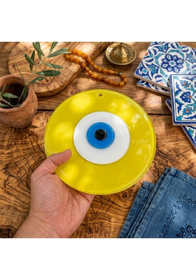 Büyük Boy Sarı Cam Nazarlık Nazar Boncuğu Lüks Kalite 20 Cm Çap Dış Cephe