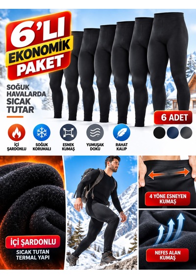 Qulat 6 Lı Erkek Termal Tayt Içi Şardonlu Ekonomik Paket Siyah