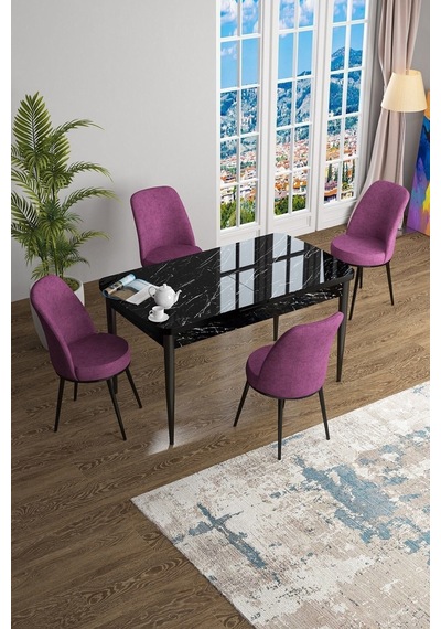 Canisa Han Serisi 70x114 Açılabilir Mdf Mutfak Masası Takımı Siyah Mermer Desen Masa 4 Mor Sandalye Masa Siyah Mermer Sandalyeler Mor