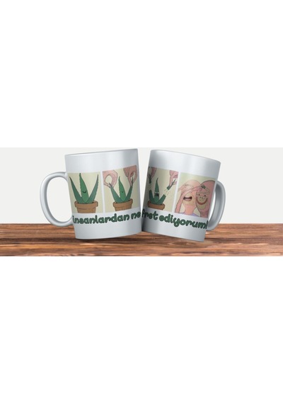 Porselen - Iqra - Aloevera - Insanlardan Nefret Ediyorum Motto Kupa Bardak. . Beyaz