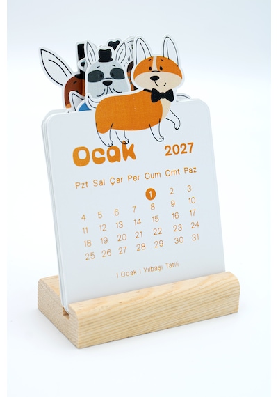 Ahşap Standlı Özel Kesim Papyonlu Corgi Tasarımlı 2027 Masaüstü Takvimi 8,5x12 Cm - Eğlenceli Yeni Yıl Hediyesi Çok Renkli