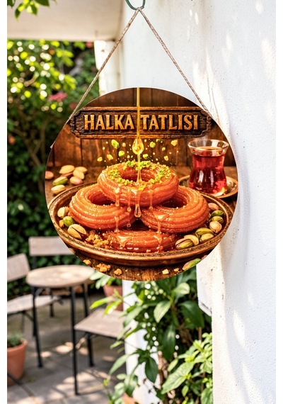 Halka Tatlısı Görselli Ahşap İpli Kapı Duvar Süsü Tatlıcı Cafe Tabelası Pano