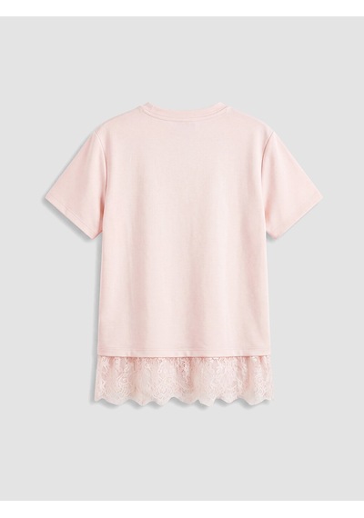 Lcw Modest Pembe Dantel Detaylı Soft Touch Kadın Tişört