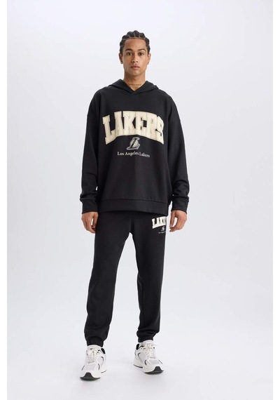 DeFactoFit NBA Los Angeles Lakers Oversize Geniş Kalıp Kapüşonlu Skuba Dalgıç Kumaş Sweatshirt D6709AX25SPBK82