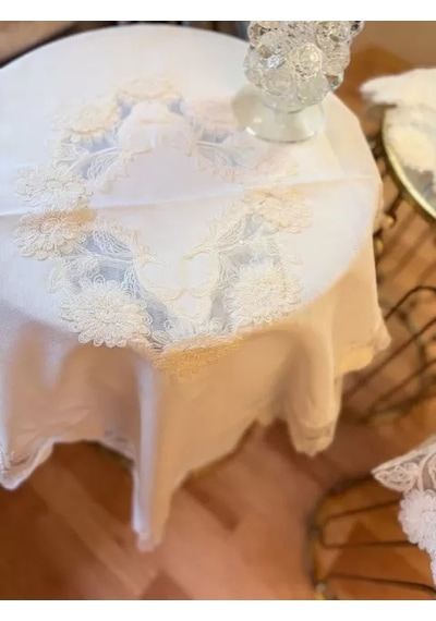 Krem Çeyizlik Flowers Model 5 Parça Keten Dantelli Salon Takımı Runner Seti Çok Renkli