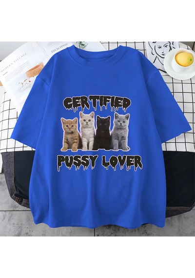 Flood Of Style Komik Sertifikalı Kedi Sevgilisi Meme Kedi Grafik T Shirt Unisex Moda Kawaii T-shirt Sokak Ra Mavi