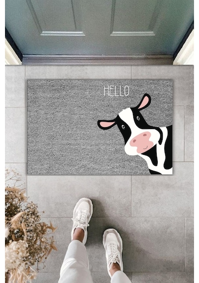 Rugmood Modern Dijital Baskı Paspas - Hello İnek Paspas - Kapı Önü Paspası 70x45cm Gri