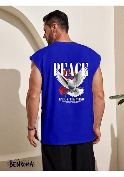 Peace Enjoy The Wind Güvercin Baskılı Kolsuz Tişört Saks Mavisi
