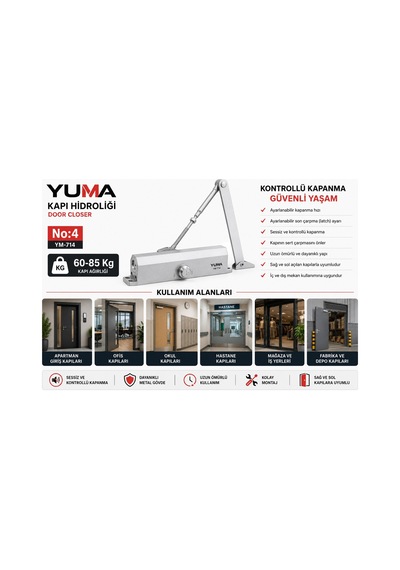 Yuma Ym-714 No:4 Hidrolik Kapı Kapatıcı 60-85 Kg Ayarlanabilir Sessiz Kapı Hidroliği Ağır Hizmet Tipi 1 Adet Kapı Hidroliği