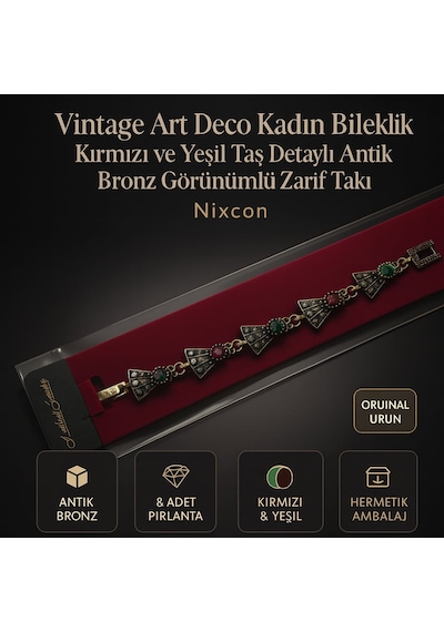 Vintage Art Deco Kadın Bileklik Kırmızı Ve Yeşil Taş Detaylı Antik Bronz Görünümlü Zarif Takı