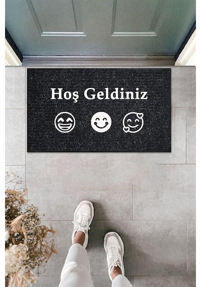 Balkon Ve Iç Dış Kapı Yıkanabilir Nem Alıcı Toz Alıcı Halı Kapı Önü Paspası Türkçe Hoş Geldiniz Siyah