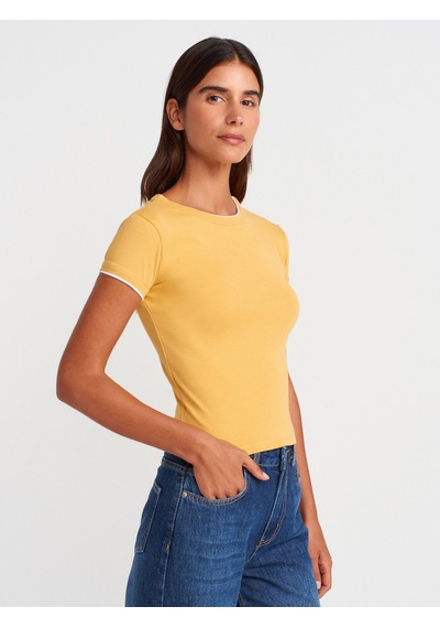 Dilvin 31750 Kontrast Kısa Kollu Tshirt-hardal Hardal