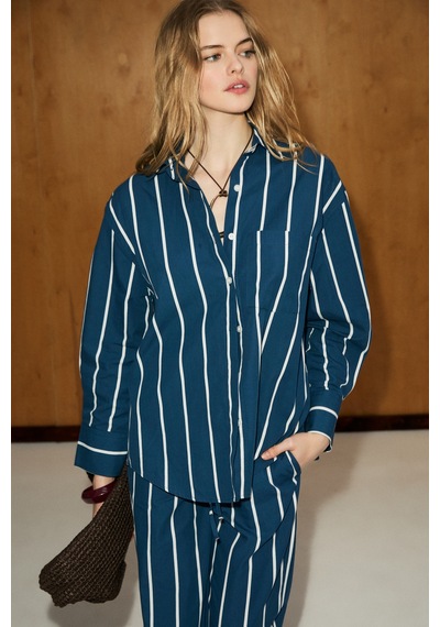 Grimelange Grımelange Mırel Kadın Oversize Fit %100 Organik Pamuklu Lacivert-çizgili Gömlek