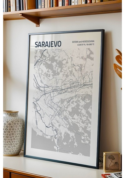 Saraybosna Sarajevo Haritası Çerçeveli Tablo Lüks Salon Ofis Duvar Dekorasyonu Hediyelik Tablo