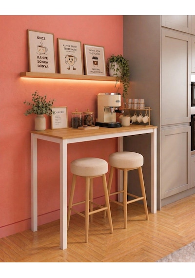 Bar Masası Meşe Tablalı 116x45x92cm Mutfak Masası & Kahve Köşesi Masası Beyaz Meşe