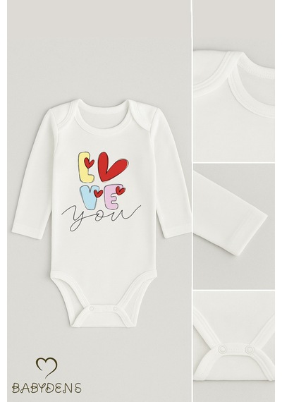 Babyden's Love Temalı 3 Lü Bebek Body Seti %100 Pamuk Uzun Kollu Çıtçıtlı Bebek Zıbını Unisex Beyaz
