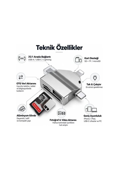 Sh Powermaster Pm-39093 Usb A Usb C Lightning 3'ü 1 Arada Sd Microsd Otg Kart Okuyucu Najmaddin