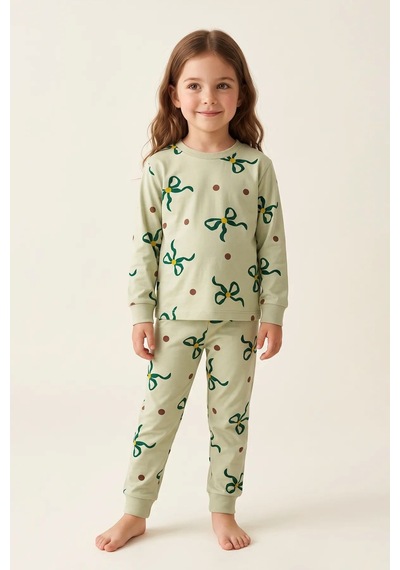 Zuzunga Kız Çocuk Fiyonk Ve Puantiye Desenli Uzun Kollu Pijama Takımı Yeşil