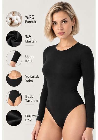 Loule Kadın Uzun Kollu Bisiklet Yaka Pamuklu Alttan Kancalı Body Siyah