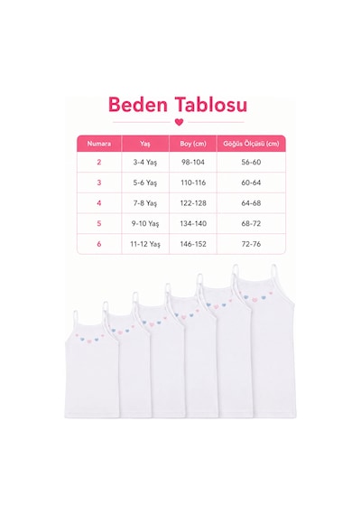 Hepsine Rakip 6 Lı Kız Çocuk İp Askılı Atlet İşlemeli Ribana 0165 Beyaz