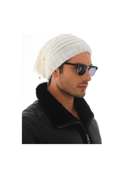 Ritagarcia Unisex Arkası İpli Büzgülü Triko Bere Kışlık Dökümlü Slouchy Beanie Bere Ekru