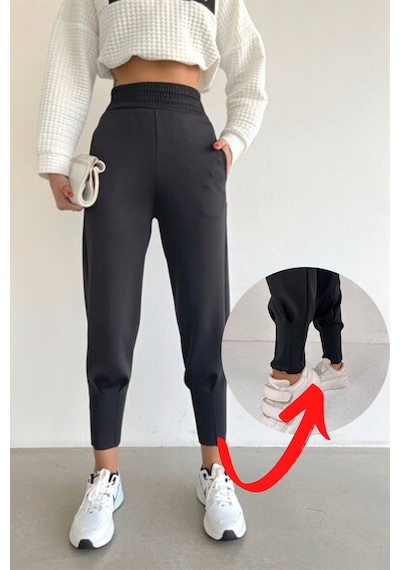 Trend Alisse Beli Gipeli Paçası Dikişli Kadın Scuba Pantolon Siyah
