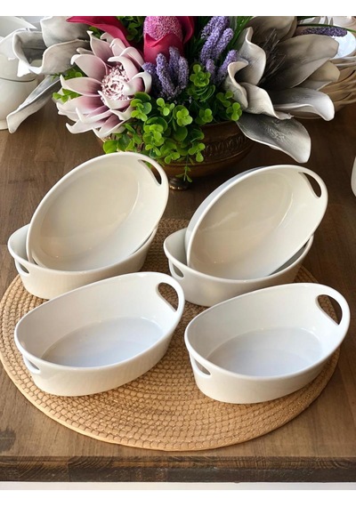 Beyaz Porselen Kulplu Oval Sunumluk 6'lı