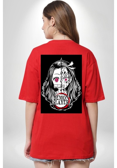 Anime Demon Slayer Kırmızı Oversize Unisex Ön Ve Sırt Baskılı Tişört Kırmızı