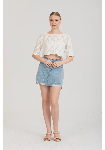 Maximodena Zarif Ajurlu Dokulu Beyaz Crop Triko Bluz Standart Beden - Beyaz