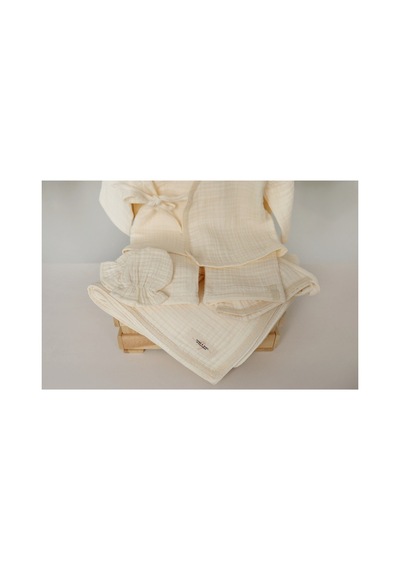 Tlyhometextiles Krem Müslin Hastane Çıkışı Seti Battaniye, 2 Li Takım, Şapka Ve Eldiven 0 3 Ay Ekru