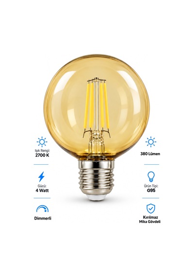 G95 Dimmerli Rustik Gün Işığı 2700k Amber Led Ampul Filament E27 Duylu Filamanlı Edison Ampül 1 Ad