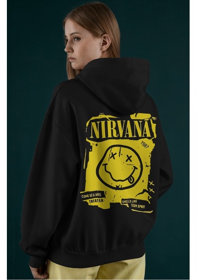 Sevbano Nirvana Rock Metal Müzik Grubu Sırt Baskılı Unisex Oversize Penye Siyah