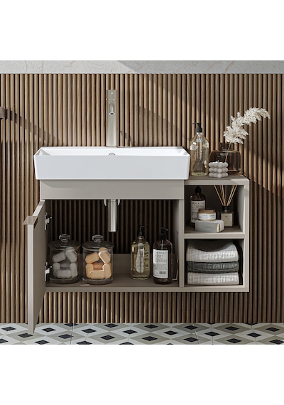Likya Tek Kapaklı Açık Raflı Lavabolu 82 Cm Banyo Dolabı Alt, Lavabolu Alt Banyo Dolabı Kumtaşı Likya Tek Kapaklı Açık Raflı Lavabolu 82 Cm Banyo Dolabı Alt, Lavabolu Alt Banyo Dolabı Kumtaşı