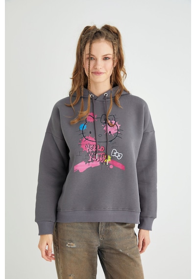 Hello Kitty Lisanslı Baskılı Kapüşonlu Sweatshirt Renkli