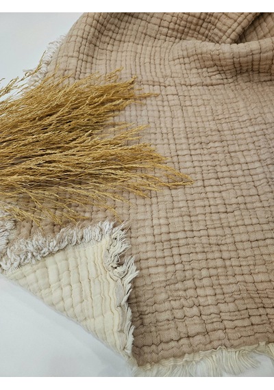 Bej 7 Katlı Çift Taraflı Dolgulu Çift Kişilik Müslin Battaniye %100 Pamuk 230x240 Cm Bej