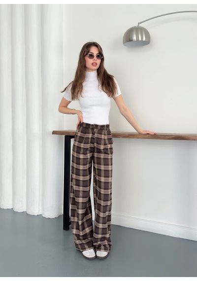 Blackpera Bersh Model Ekose Desen Bel Fular Detaylı Pantolon Kahverengi