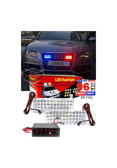 96 Led 3 Modlu Panjur İçi Çakar Led Panjur Arası Çakar Kırmızı Mavi 48x2 Led Lamba Flaşlı Polis Işığı 12v 00 Şüscaroto Aksesuar