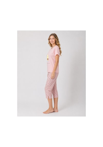 Pijamask Kadın Pudra Pembe Avokado Desenli Kapri Pijama Takımı Kısa Kollu Bisiklet Yaka Rahat Ev Giyim P100-898 Pudra
