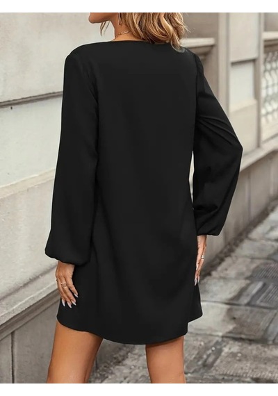 DefyModa Kadın Uzun Kollu Yuvarlak Yaka Mini Ithal Krep Elbise Siyah