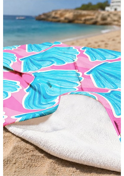 Deniz Kabuğu Marine Plaj Havlusu - Tropikal Pembe Mavi Havuz Deniz Hızlı Kuruyan Mikrofiber Havlu Çok Renkli