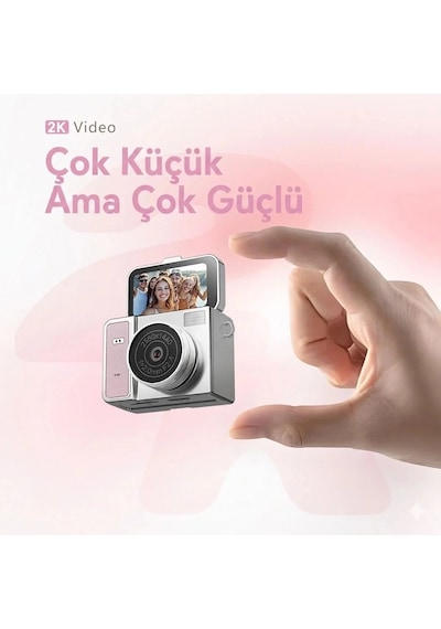2k Mini Dijital Retro Video Kamera Flaşlı Dijital Vlog Mini Fotoğraf Makinesi Türkçe Menü Pembe