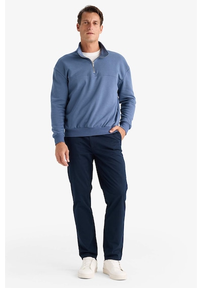Defacto Relax Fit Dik Yaka Fermuarlı Basic Düz Kalın Sweatshirt E5334AX24WN İndigo