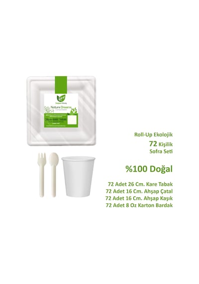 Ekolojik Kare 26 Cm. 72 Kişilik Parti Piknik Sofra Sunum Seti - Tabak Bardak Çatal Kaşık Takımı