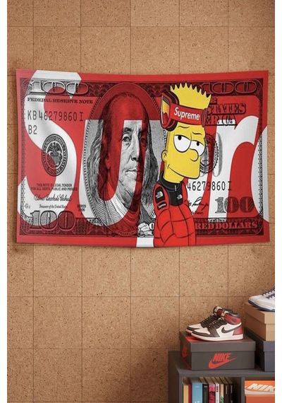 Bart Simpson Supreme 100 Dolar Kırmızı Dekoratif Duvar Örtüsü Duvar Halısı Beyaz