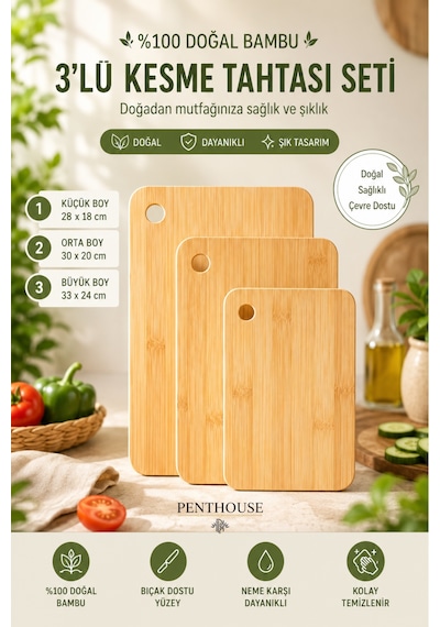 3 Lü Bambu Kesme Tahtası Seti 28x18 / 30x20 / 33x24 Cm Doğal Ahşap Kesim Panosu Açık Bej