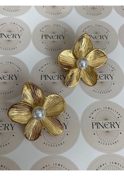 Pinery Jewels Top İncili Yaprak Paslanmaz Çelik Kadın Küpe Çifti Altın