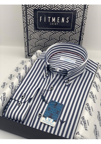 Slim Fit Uzun Kol Likralı Çizgili Yaka Düğmeli Hediye Kutulu Erkek Gömlek Fs-003669 - Lacivert-2434
