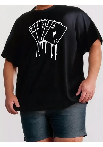 Erkek Kısa Kol Yazlık Tişört Bisiklet Yaka Kart Baskılı T-shirt - Siyah