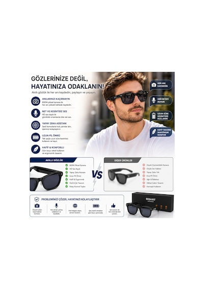 Yapay Zekâ Destekli Akıllı Gözlük Kamera, Video Ve Hd Ses Kayıtlı Bluetooth Smart Glasses