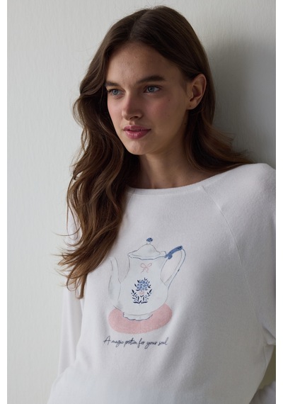 Penti Kırık Beyaz Tea Time Bisiklet Yaka Termal Etkili Sweatshirt Pijama Üstü